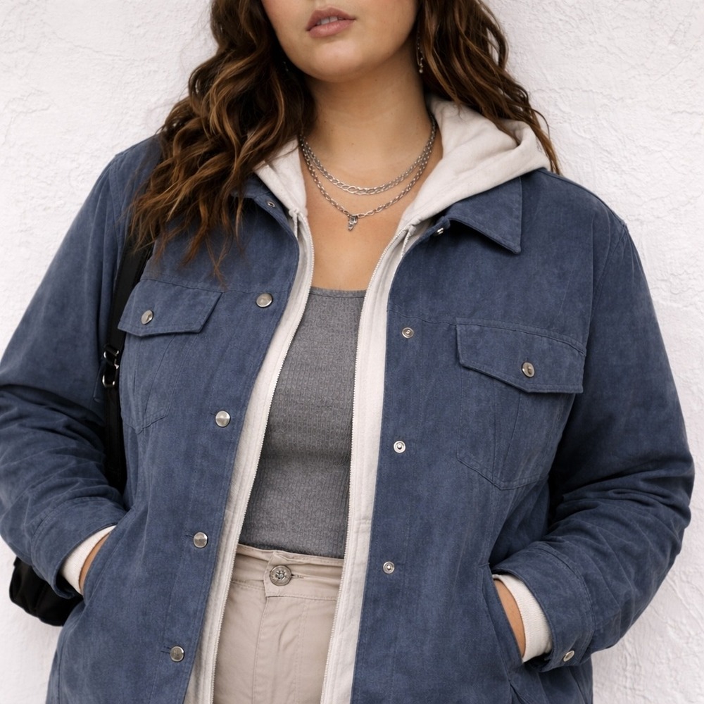 Croft & Barrow 1X Faux Suede Utility Jacket Blue Button Up Shacket Y2K